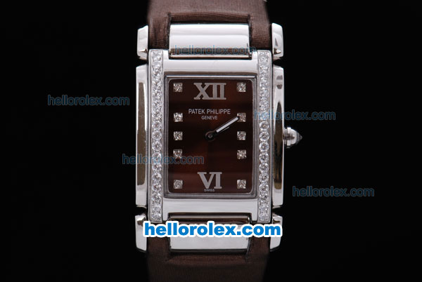 Patek Philippe Ref.4910 Swiss ETA Quartz Movement Diamond Bezel and Marking with Brown Dial Lady Model and Brown Leather Strap - Click Image to Close